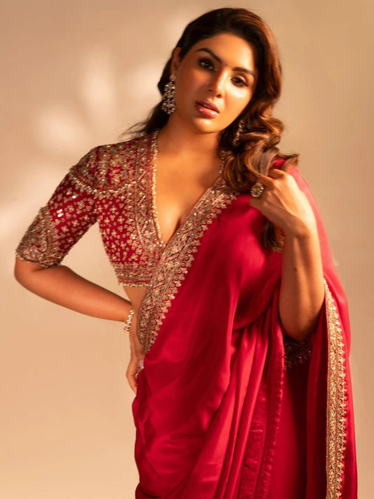 Samyuktha Inspired Red Saree with Golden Embroidery and Matching Designer Blouse Piece-70407679672401