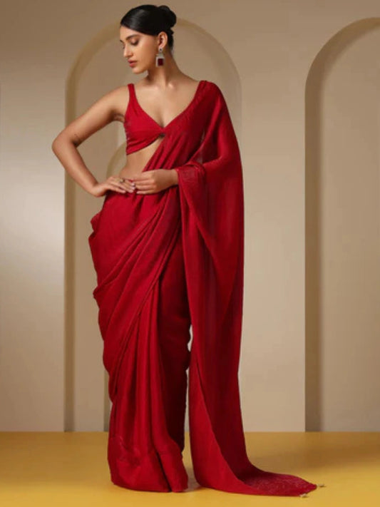 Bollywood Style Red Satin Saree with Unstitched Matching Blouse Piece-67774830280785