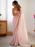 Bollywood Inspired Peach Georgette Saree with Embroidery and Lace Detailing