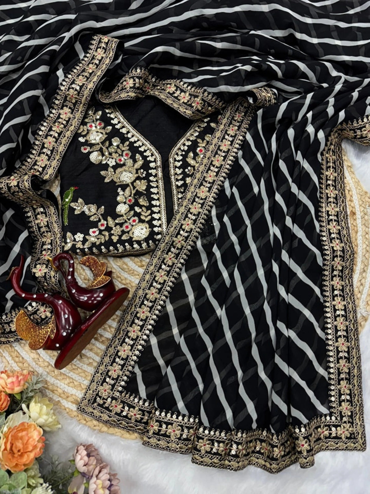 Bollywood Inspired Soft Georgette Leriya Print Black Saree with Sequins Embroidery-70605351583825