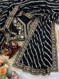 Bollywood Inspired Soft Georgette Leriya Print Black Saree with Sequins Embroidery