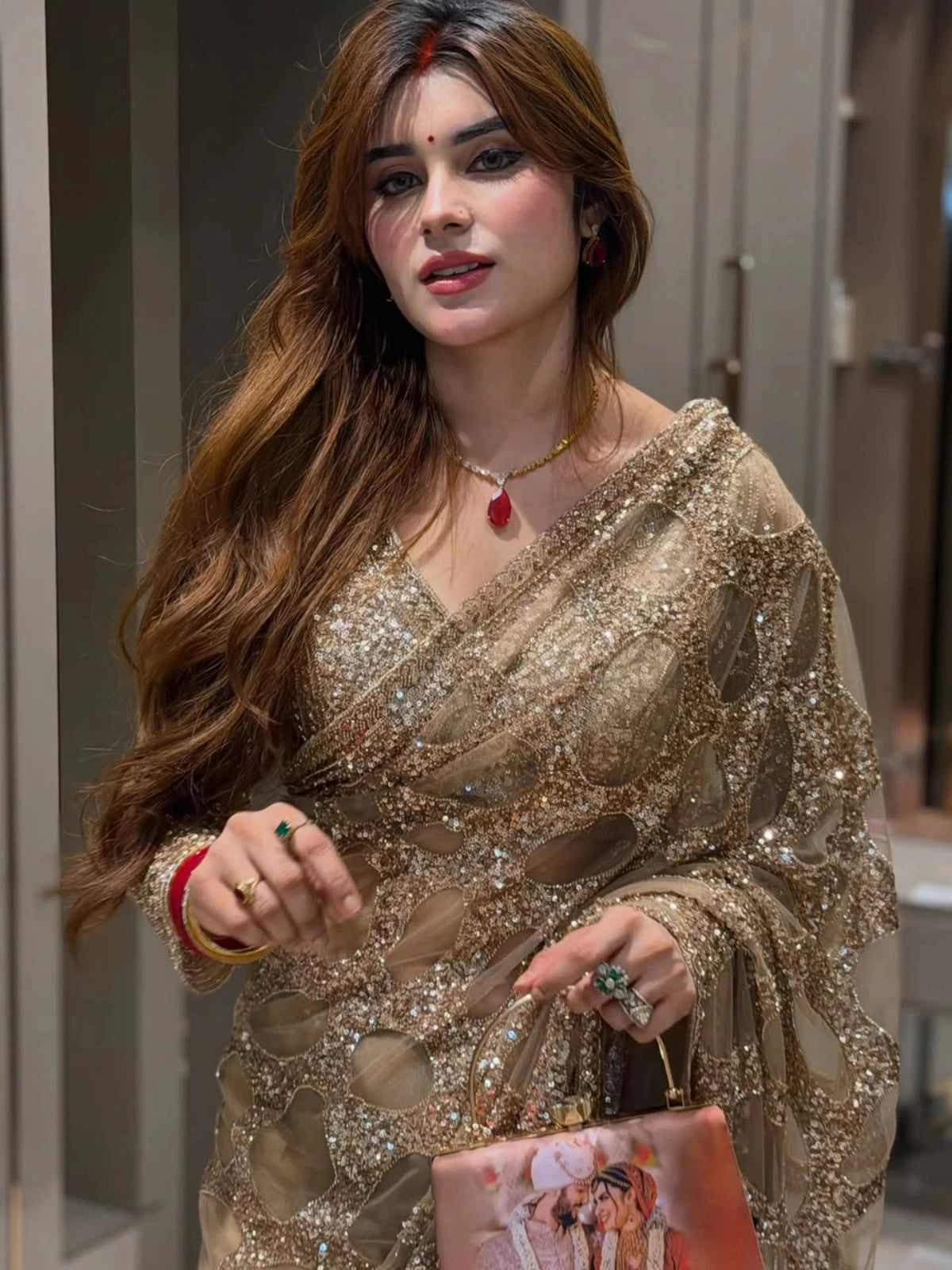Bollywood Inspired Gold Butterfly Net Sequins Saree with Unstiched Blouse-71855414083665