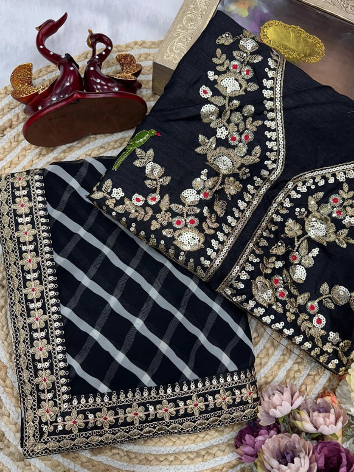 Bollywood Inspired Soft Georgette Leriya Print Black Saree with Sequins Embroidery-70605351616593