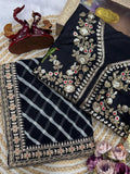 Bollywood Inspired Soft Georgette Leriya Print Black Saree with Sequins Embroidery