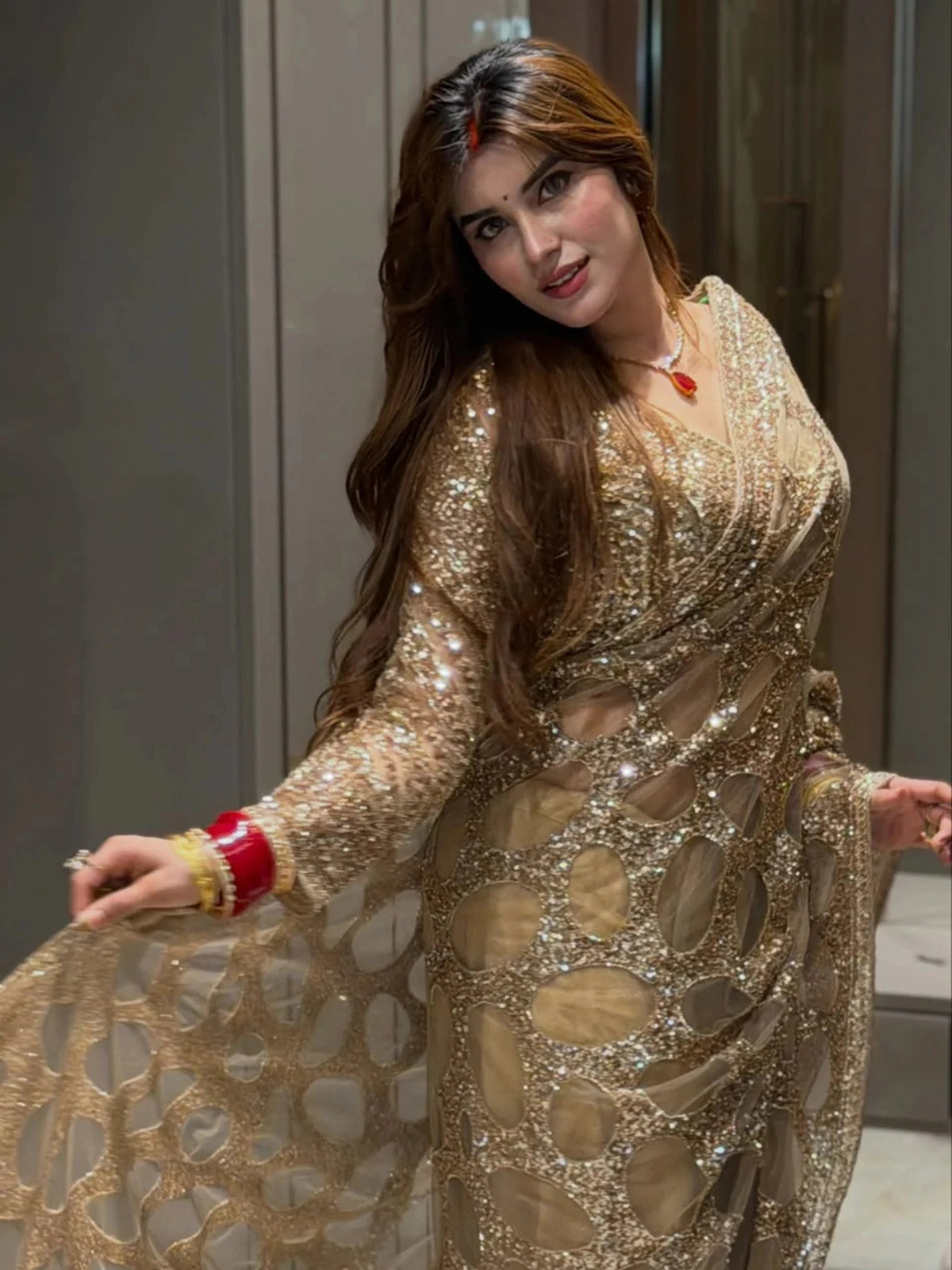 Bollywood Inspired Gold Butterfly Net Sequins Saree with Unstiched Blouse