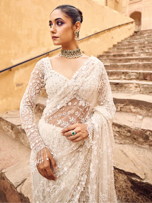 Bollywood Inspired Designer Fancy White Net Saree-70480797761617