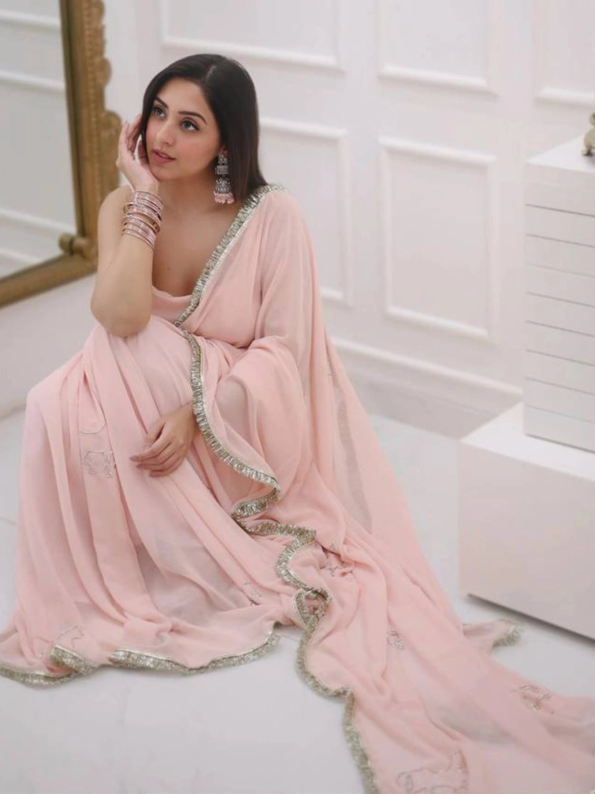 Bollywood Inspired Peach Georgette Saree with Embroidery and Lace Detailing-71031761993809