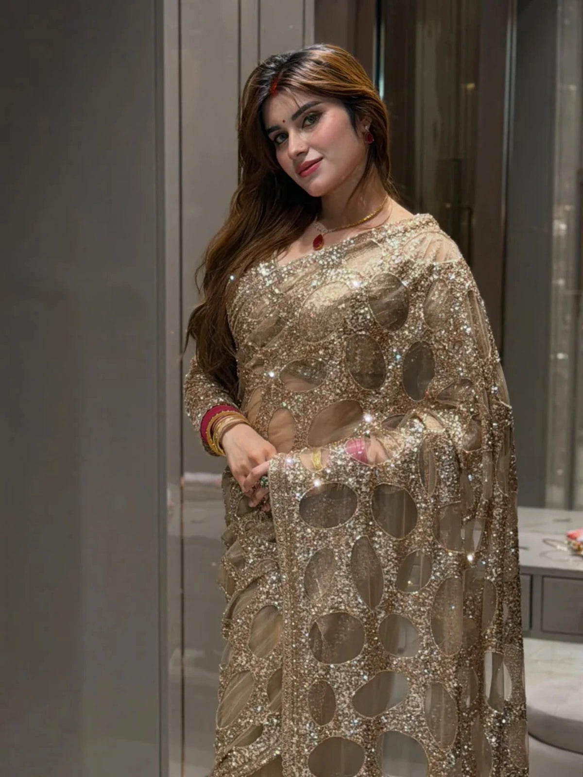 Bollywood Inspired Gold Butterfly Net Sequins Saree with Unstiched Blouse