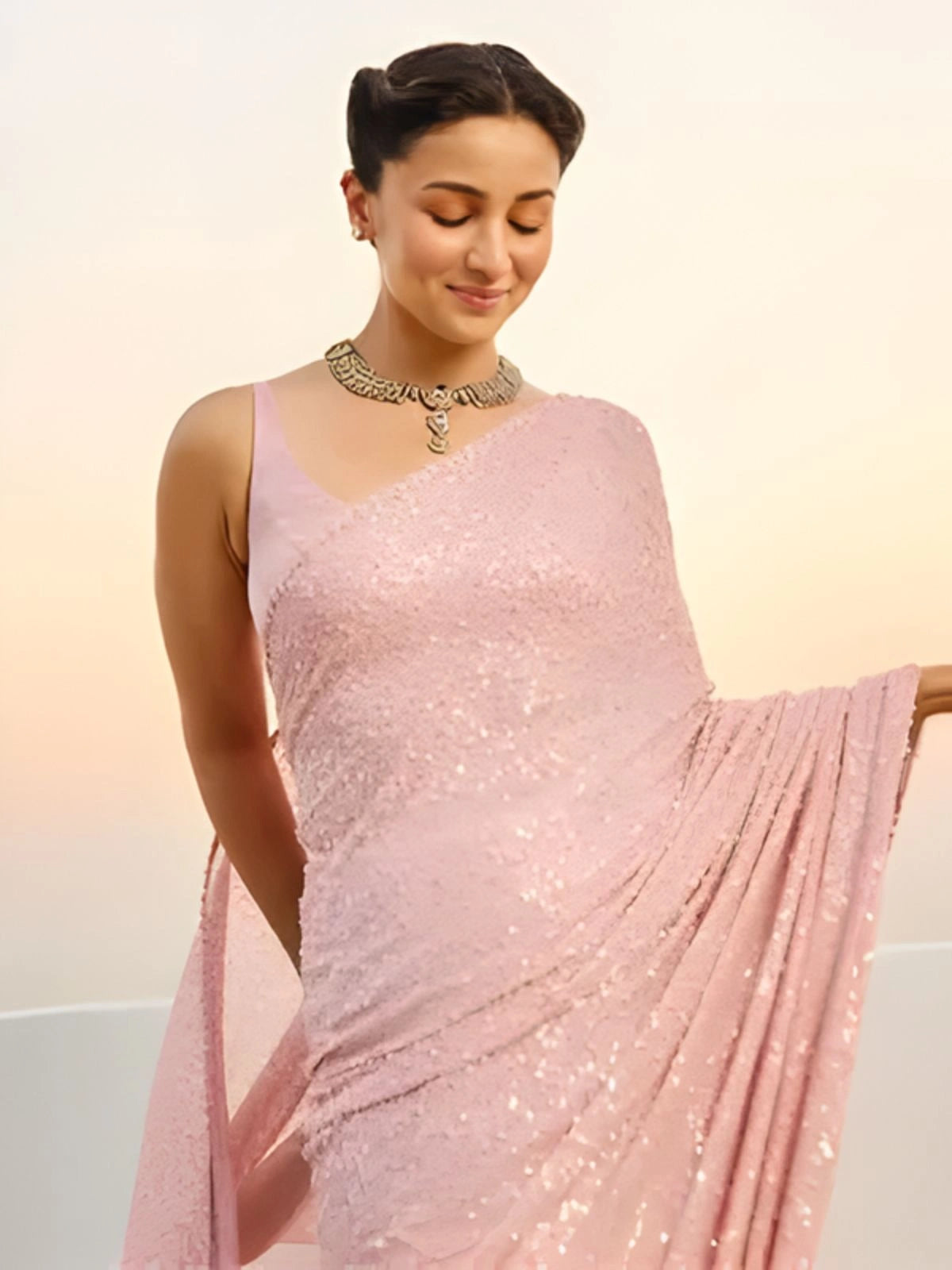 Alia Inspired Georgette Pink Saree Full Sequins Embroidery with Cutwork Lace