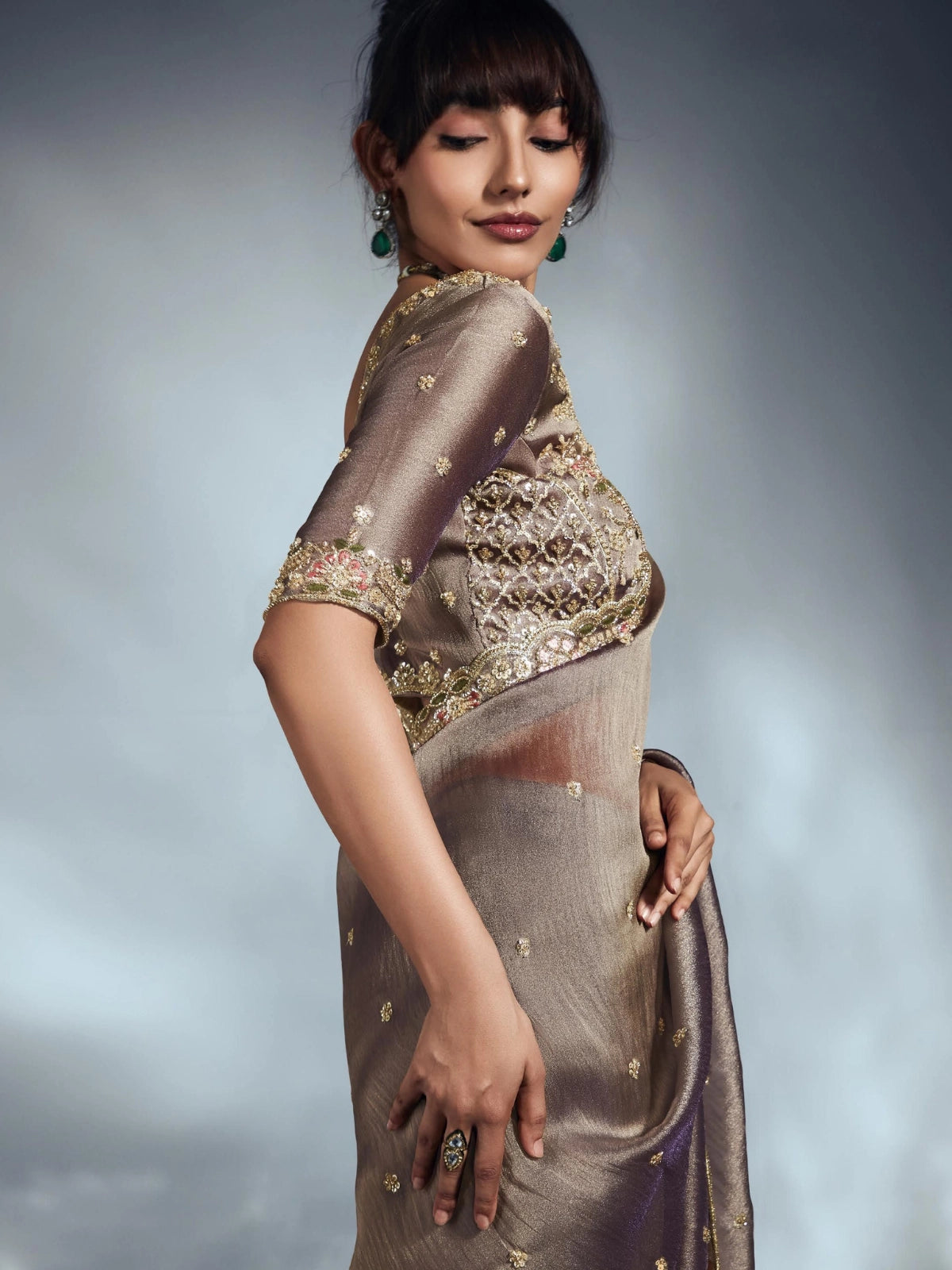Designer Organza Saree with Heavy Embroidered Border & Blouse - Champagne Gold