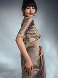 Designer Organza Saree with Heavy Embroidered Border & Blouse - Champagne Gold