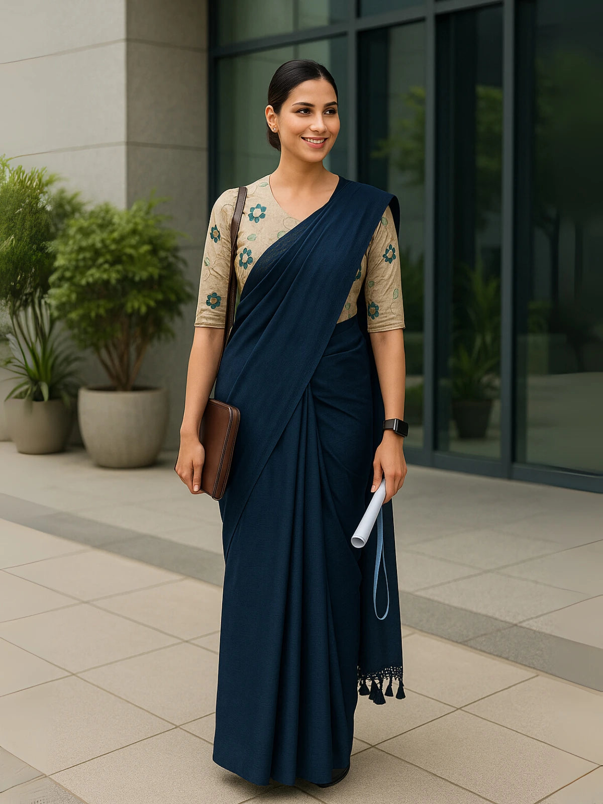 Cotton Saree with Embroidered Floral Blouse | Subtle Shine & Everyday Elegance-4  Celebrity Drapes