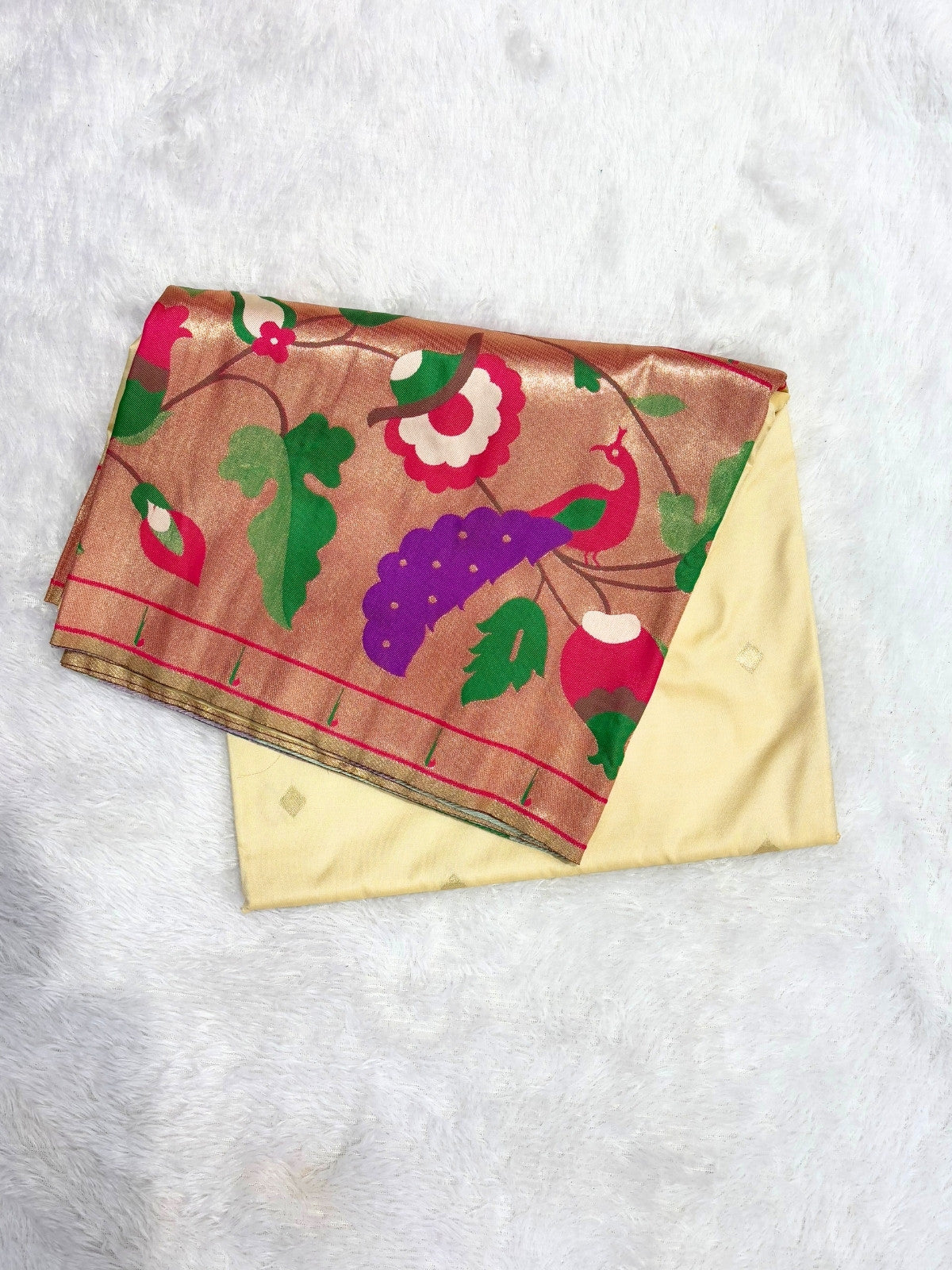 Brocket Paithani Saree with Muniya Border, Meenakari Butta and Big Zari Border - Cream Color-2  Celebrity Drapes