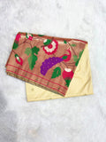 Brocket Paithani Saree with Muniya Border, Meenakari Butta and Big Zari Border - Cream Color-2  Celebrity Drapes