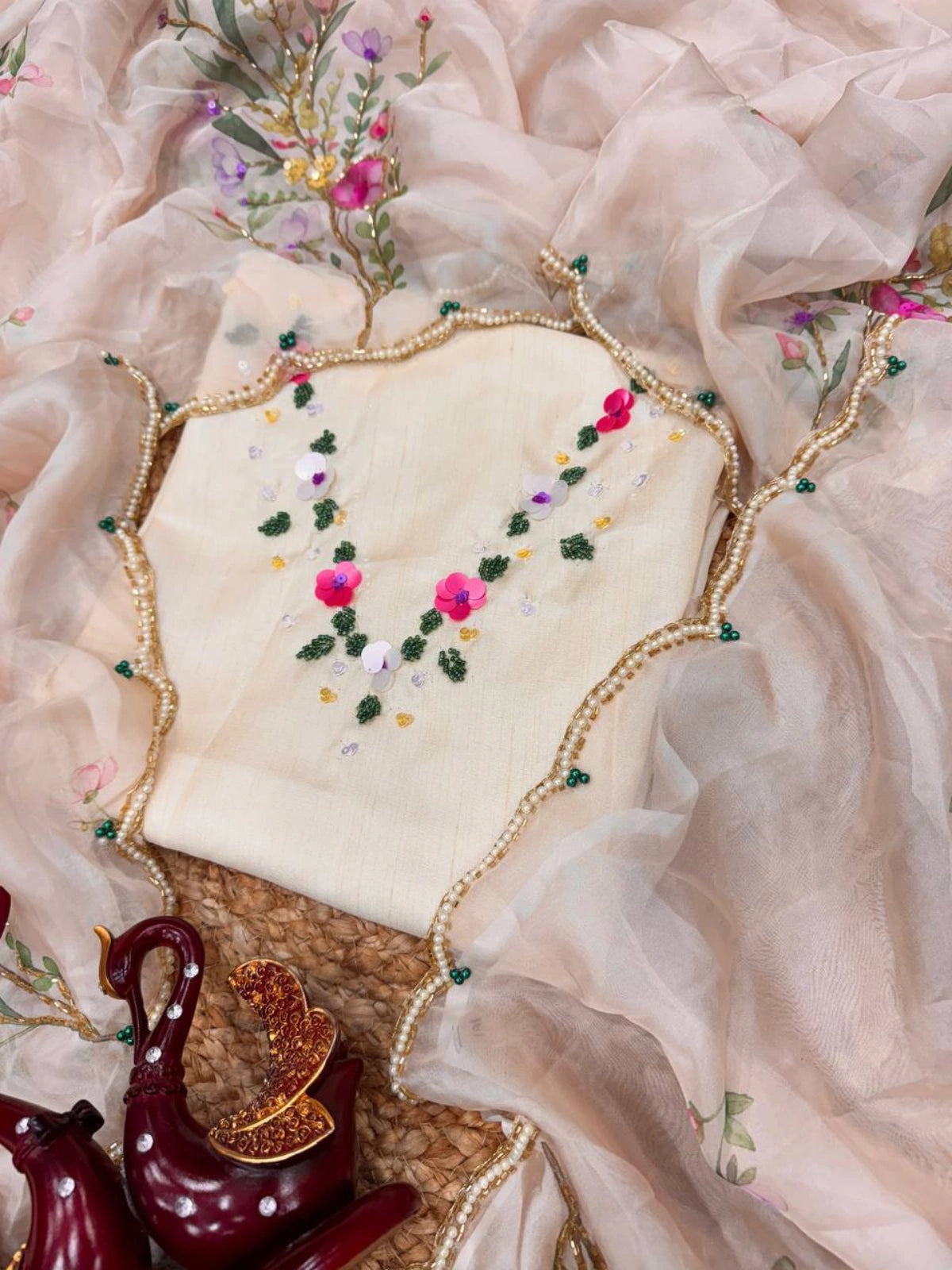 Bollywood Inspired Floral Print Soft Tabby Silk Saree with Decorative Bead & Sequin Border-67830384951377