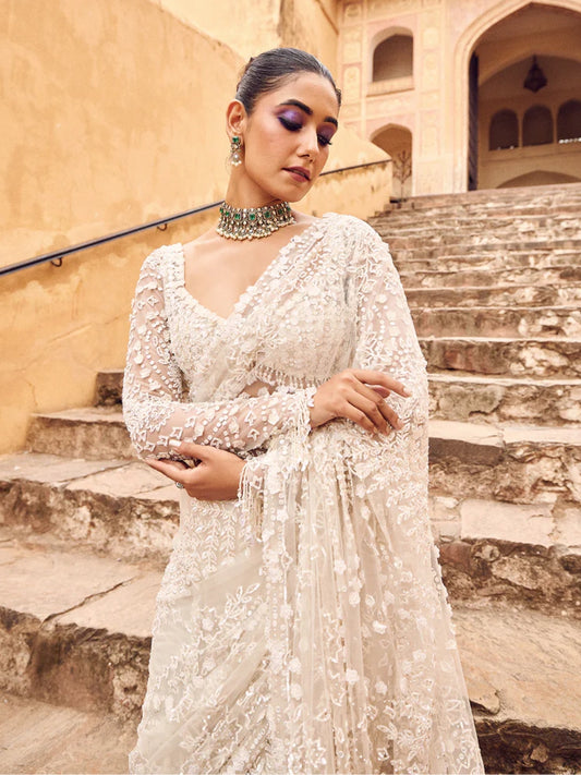 Bollywood Inspired Designer Fancy White Net Saree-70480797827153