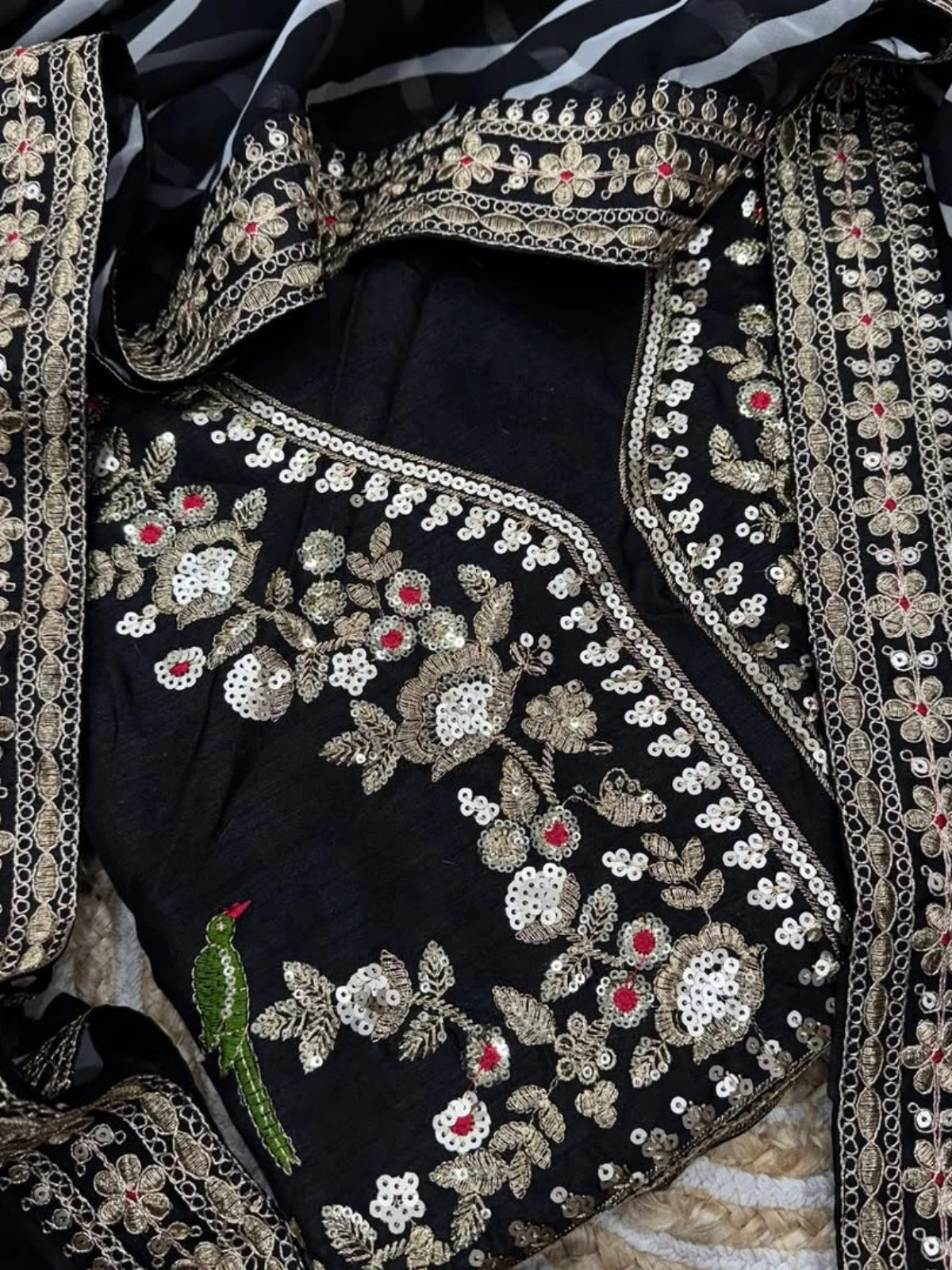 Bollywood Inspired Soft Georgette Leriya Print Black Saree with Sequins Embroidery-70605351649361