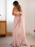Bollywood Inspired Peach Georgette Saree with Embroidery and Lace Detailing