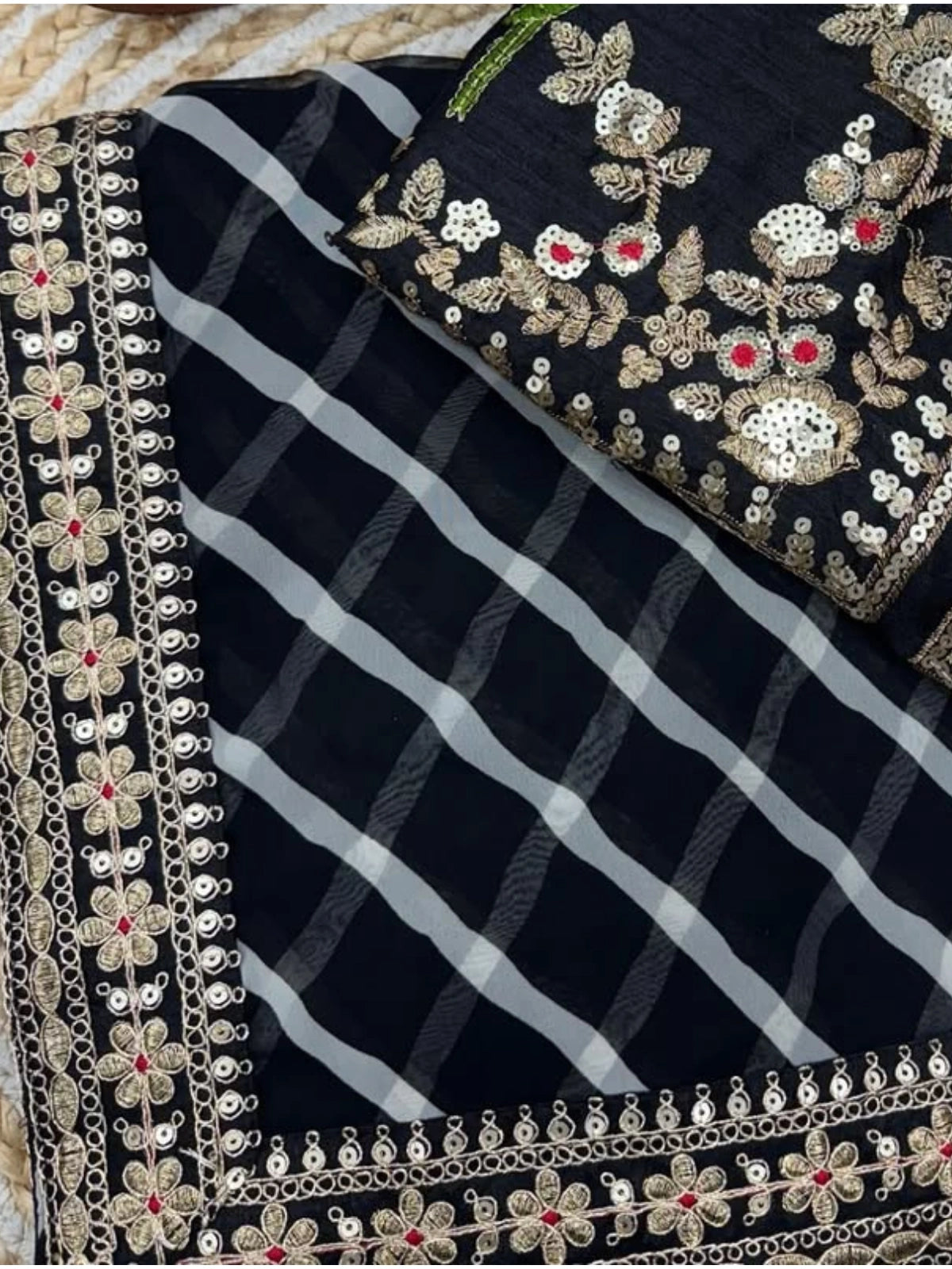 Bollywood Inspired Soft Georgette Leriya Print Black Saree with Sequins Embroidery-70605351682129