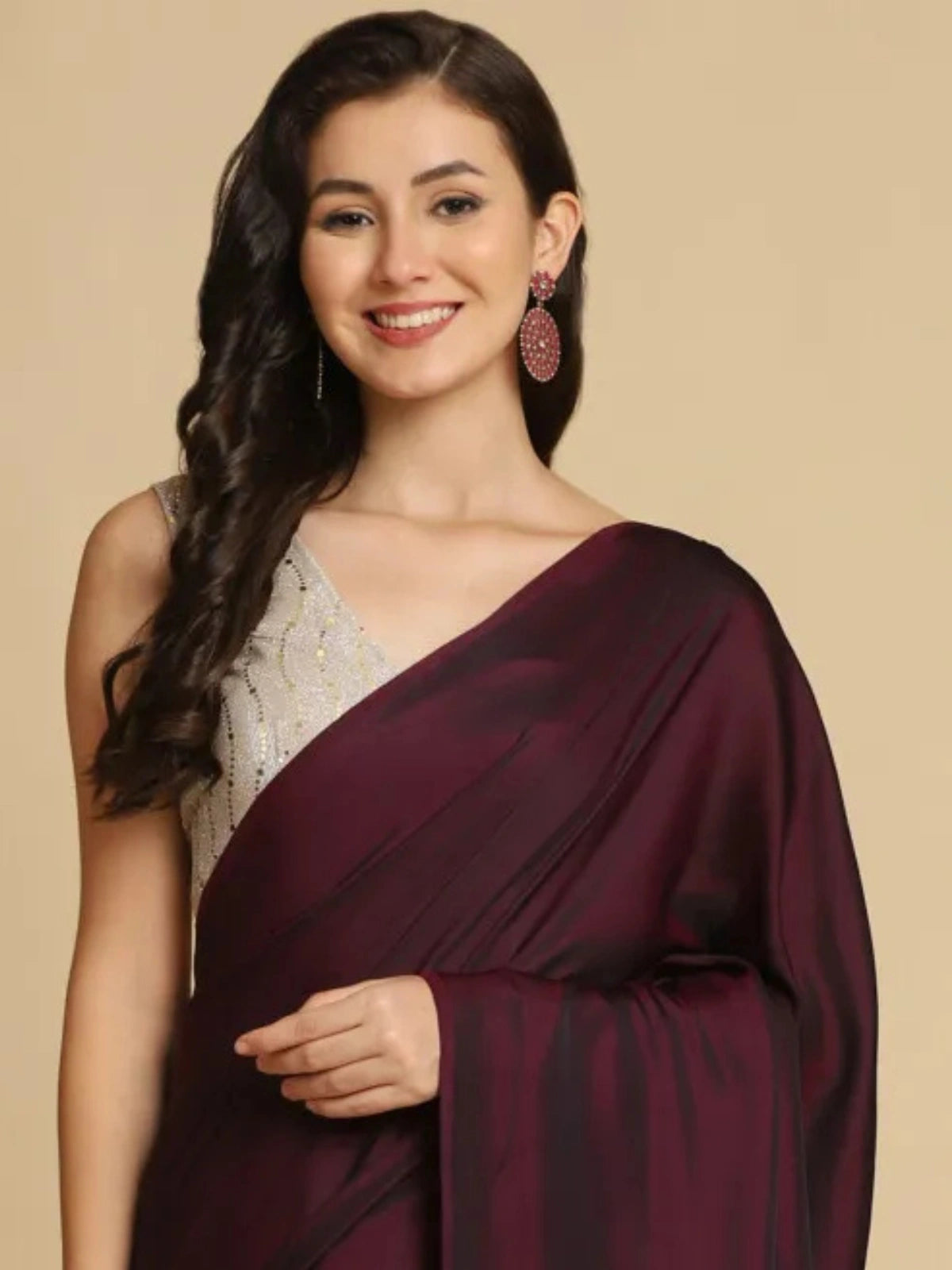 Bollywood Style Plum Satin Saree with Unstitched Matching Blouse Piece-67774496211025