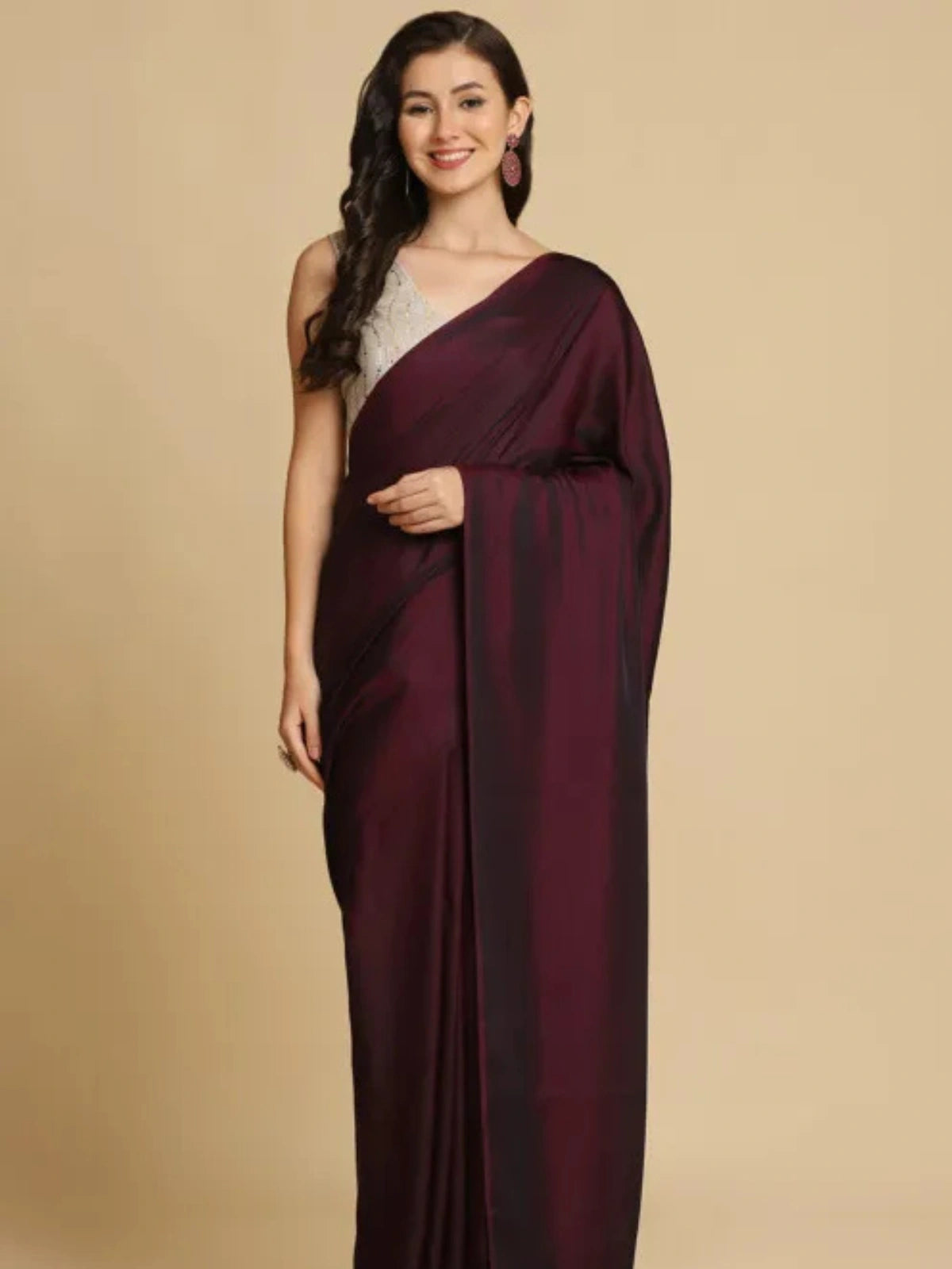 Bollywood Style Plum Satin Saree with Unstitched Matching Blouse Piece-67774496243793