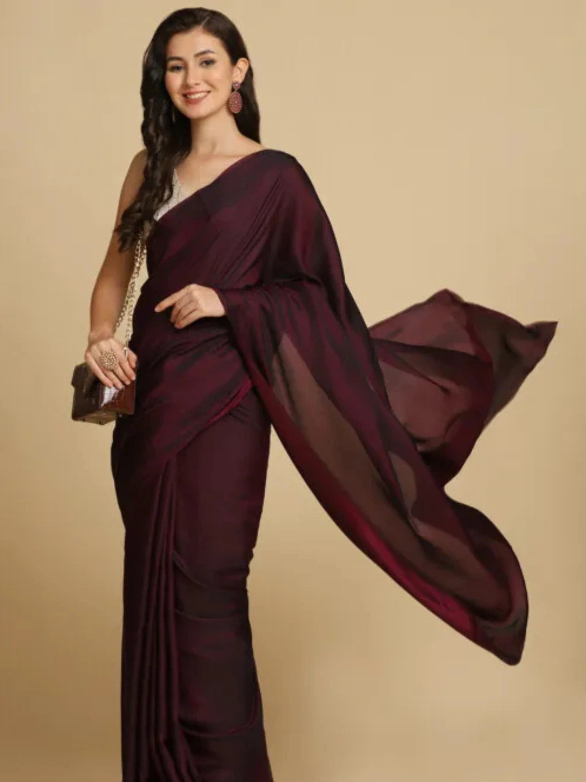 Bollywood Style Plum Satin Saree with Unstitched Matching Blouse Piece