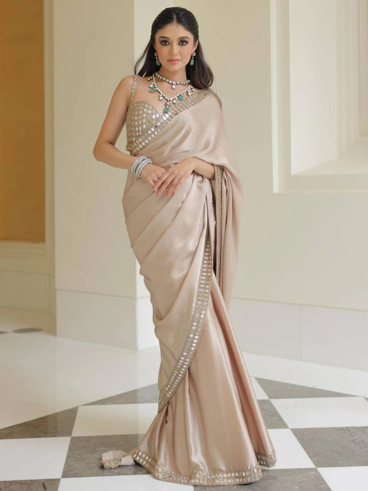 Bollywood Inspired Beige Saree with Original Mirror Work and Embroidery-71032154325073
