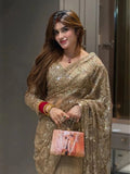 Bollywood Inspired Gold Butterfly Net Sequins Saree with Unstiched Blouse