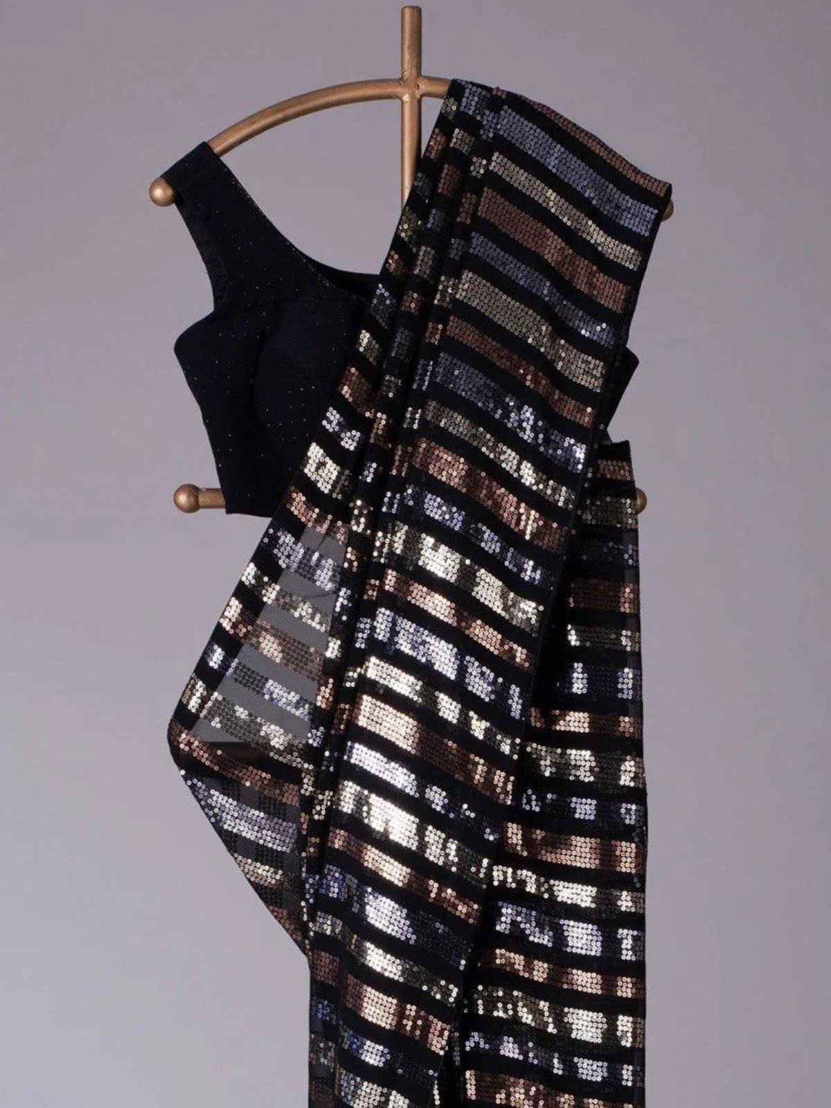 Bollywood-Inspired Black Sequin Saree with Metallic Stripes-67246690041937