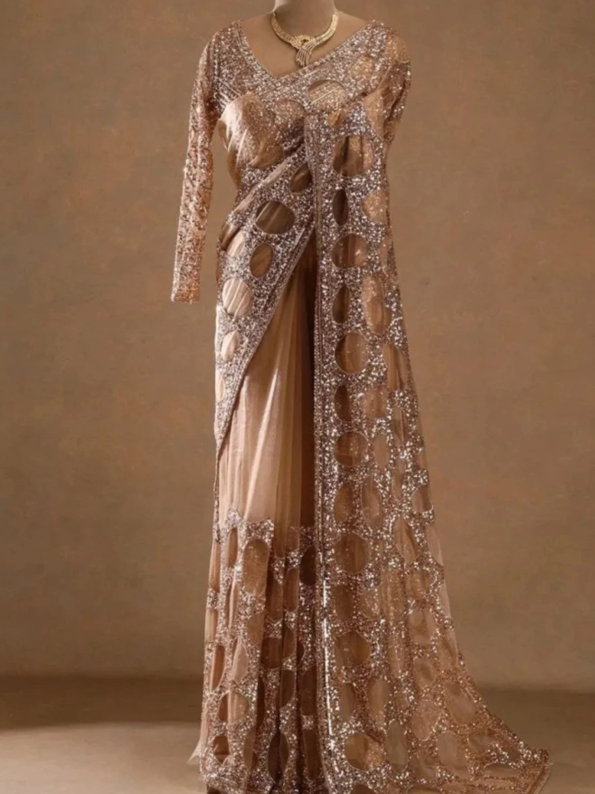 Bollywood Inspired Gold Butterfly Net Sequins Saree with Unstiched Blouse