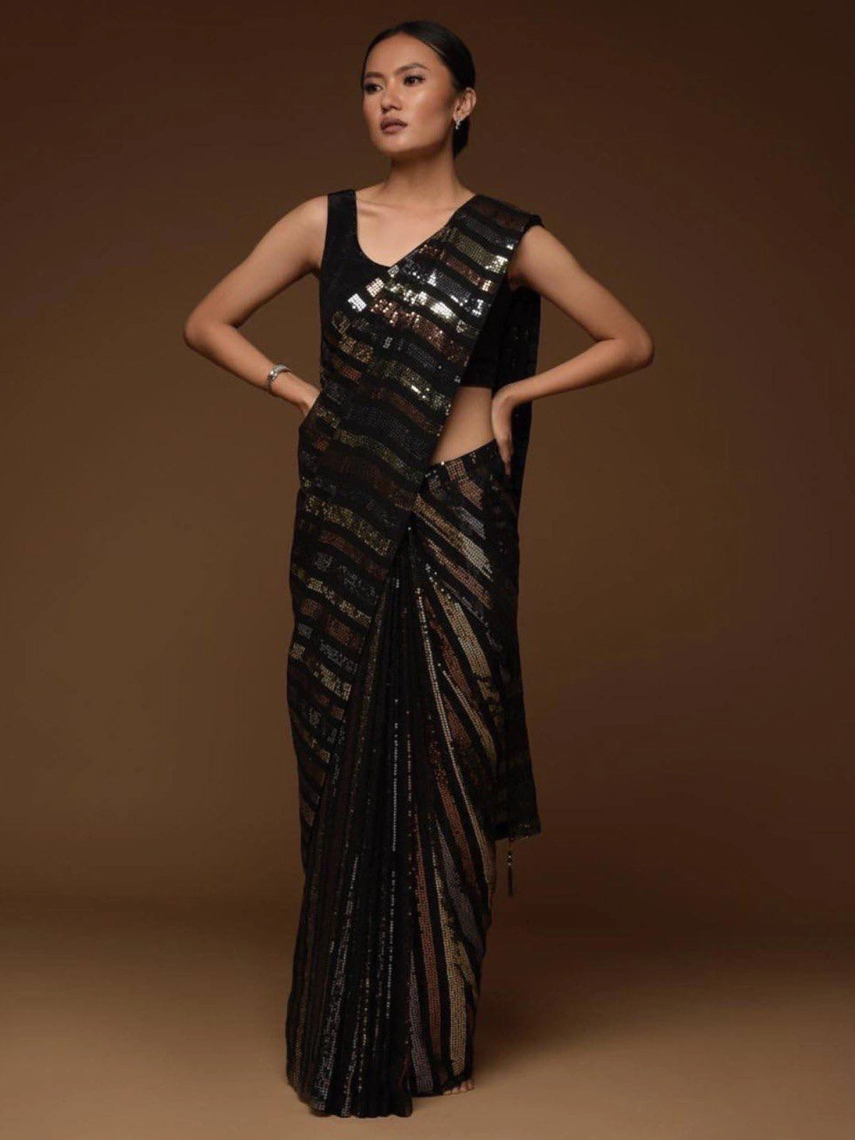 Bollywood-Inspired Black Sequin Saree with Metallic Stripes-67246690107473