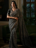 Bollywood Inspired Soft Georgette Leriya Print Black Saree with Sequins Embroidery