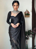 Bollywood Style Black Satin Saree with Unstitched Matching Blouse Piece