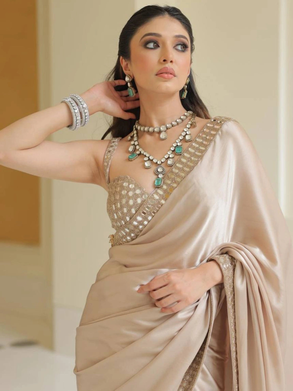 Bollywood Inspired Beige Saree with Original Mirror Work and Embroidery