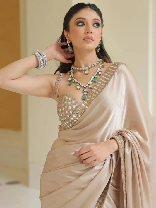 Bollywood Inspired Beige Saree with Original Mirror Work and Embroidery-71032154423377