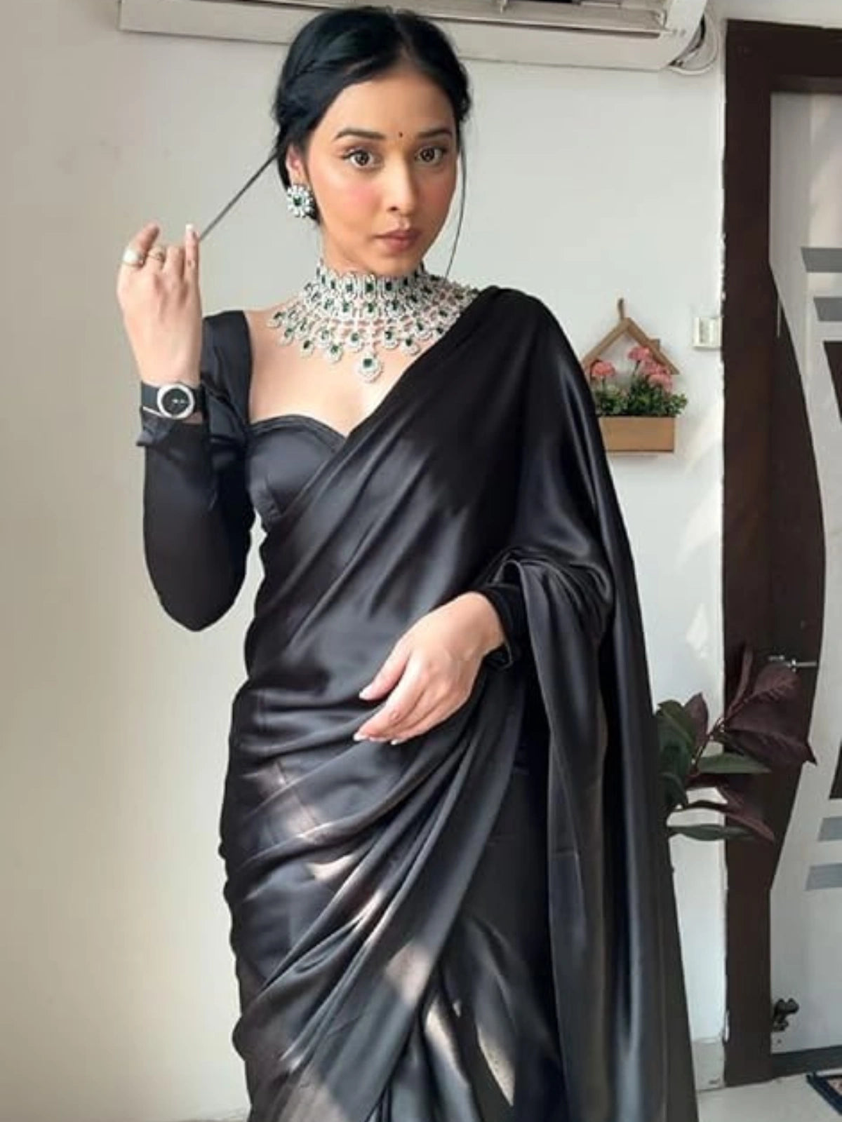 Bollywood Style Black Satin Saree with Unstitched Matching Blouse Piece-67774277484625
