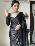 Bollywood Style Black Satin Saree with Unstitched Matching Blouse Piece
