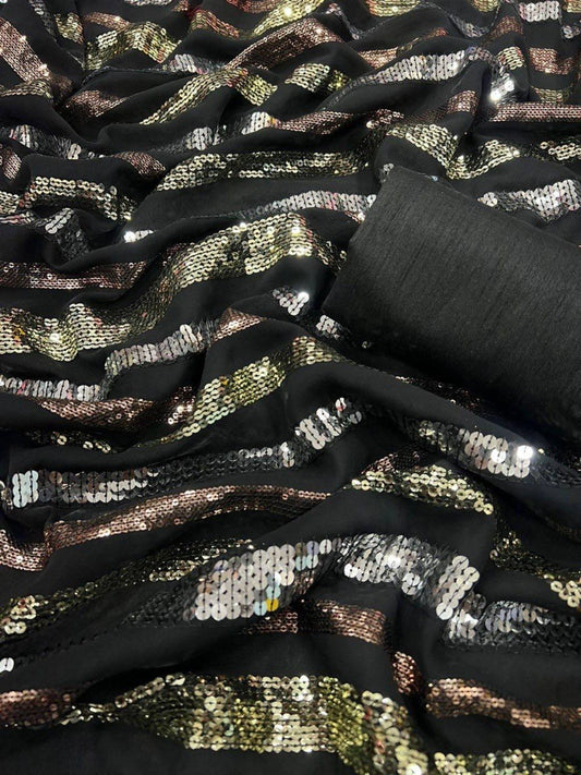 Black Sequin Saree with Metallic Stripes-67246690140241
