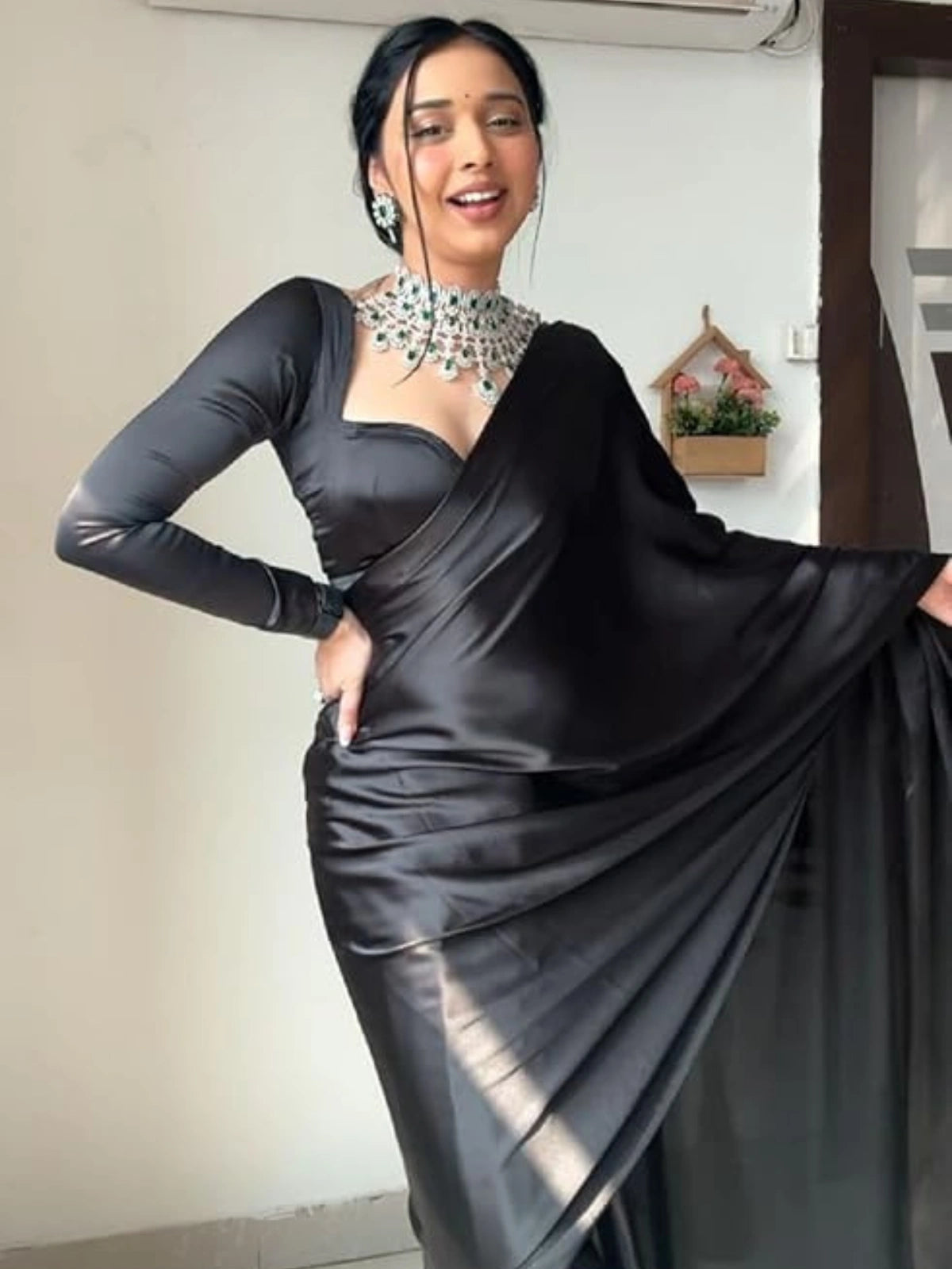 Bollywood Style Black Satin Saree with Unstitched Matching Blouse Piece