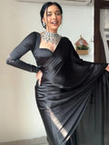 Bollywood Style Black Satin Saree with Unstitched Matching Blouse Piece