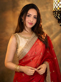 Bollywood Inspired Pure Silk Red Satin Tissue Saree with Embroidered Work