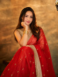 Bollywood Inspired Pure Silk Red Satin Tissue Saree with Embroidered Work