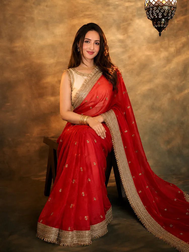 Bollywood Inspired Pure Silk Red Satin Tissue Saree with Embroidered Work-71937339129937