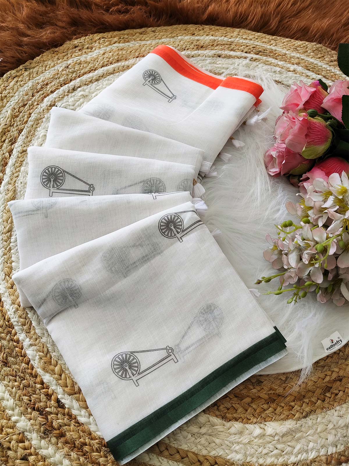 Cotton Saree with Charkha Print | Republic Day Special in White