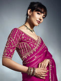 Designer Organza Saree with Heavy Embroidered Border & Blouse - Pink
