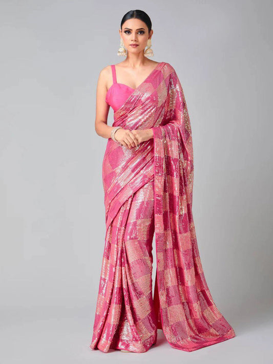 Bollywood Inspired Heavy Georgette Sequins Pink Saree