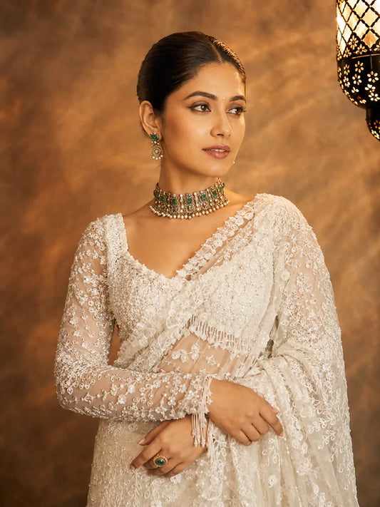 Bollywood Inspired Designer Fancy White Net Saree-71938982576209