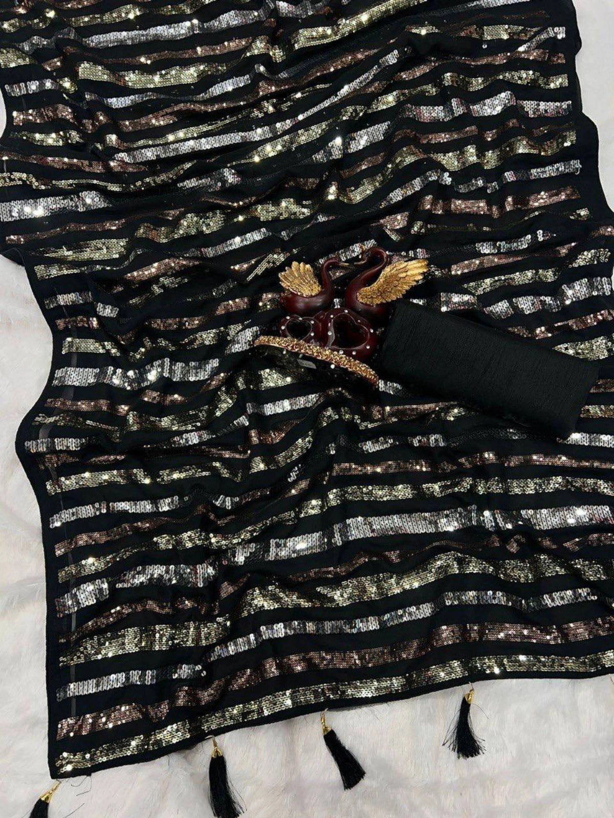 Bollywood-Inspired Black Sequin Saree with Metallic Stripes-67246690205777