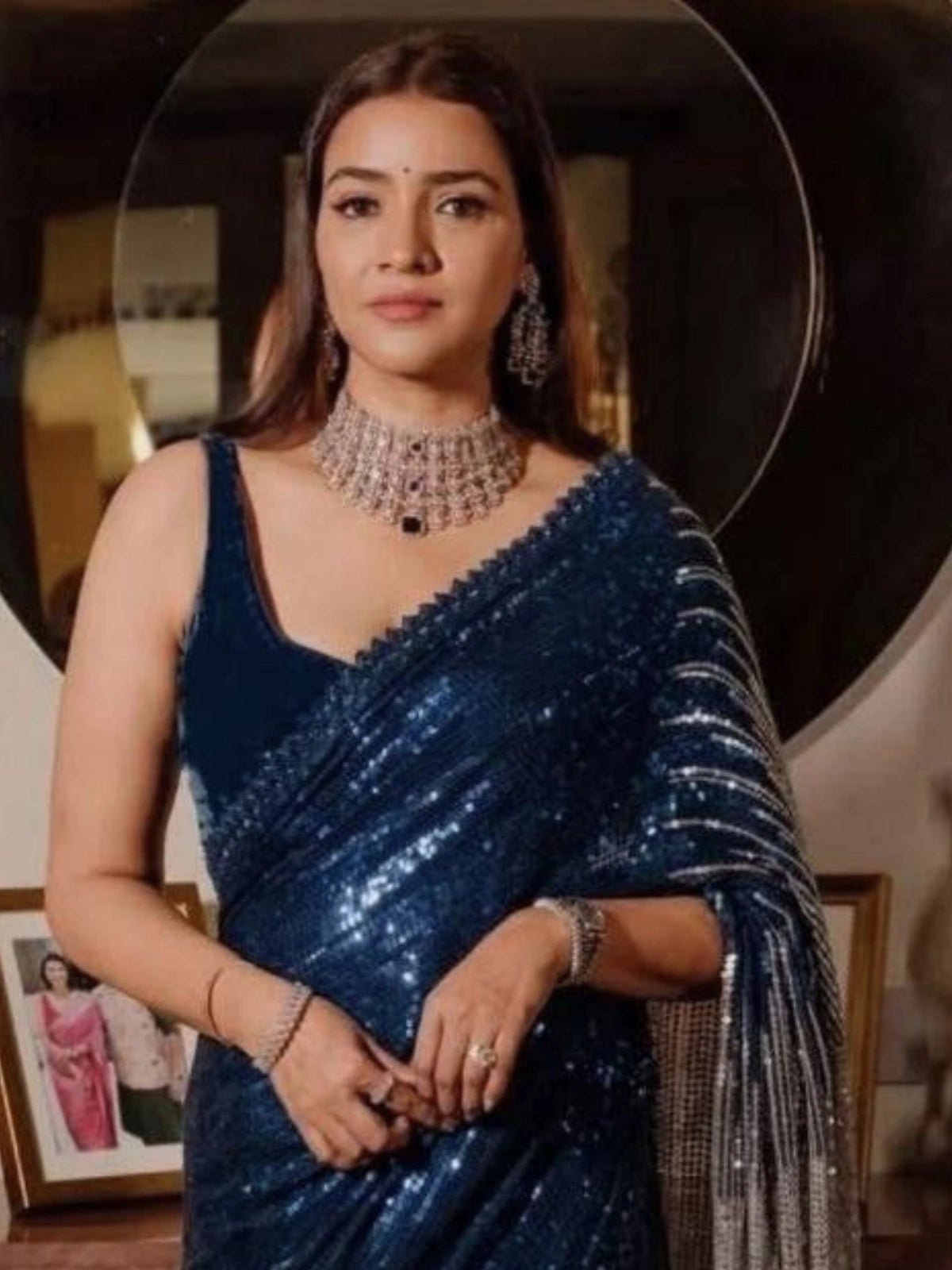 Trisha Inspired Blue & Silver Sequin Work Georgette Saree with Cutwork Lace