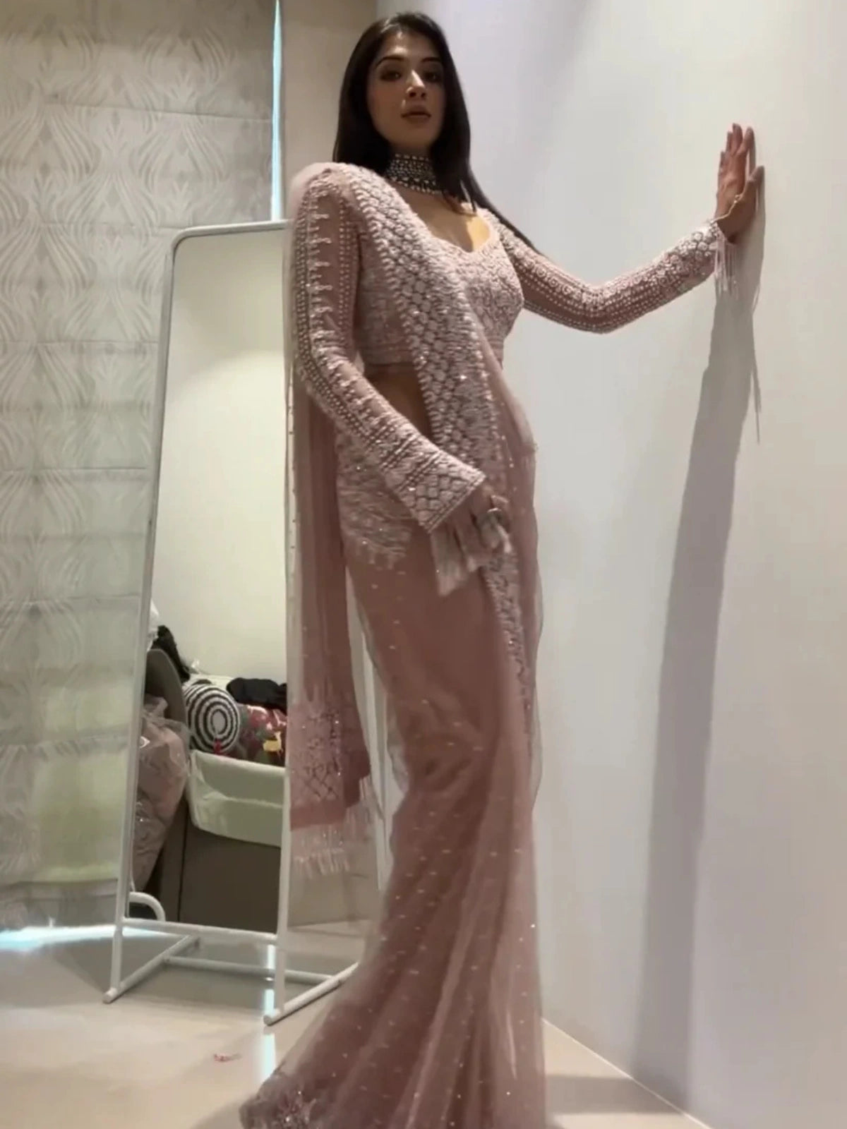 Bollywood Inspired Net Light Pink Saree with Beautiful Sequins Work-70605396377681